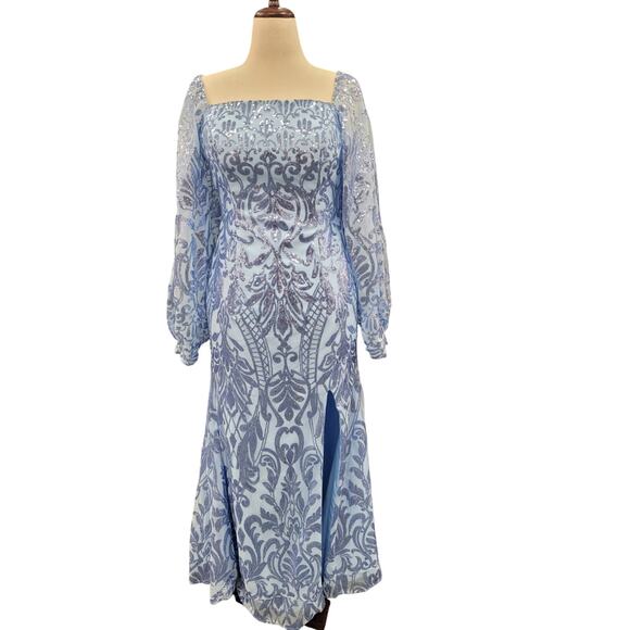 NWT Long Sleeved Patterned Sequin Gown in Light Blue - Picture 1 of 14